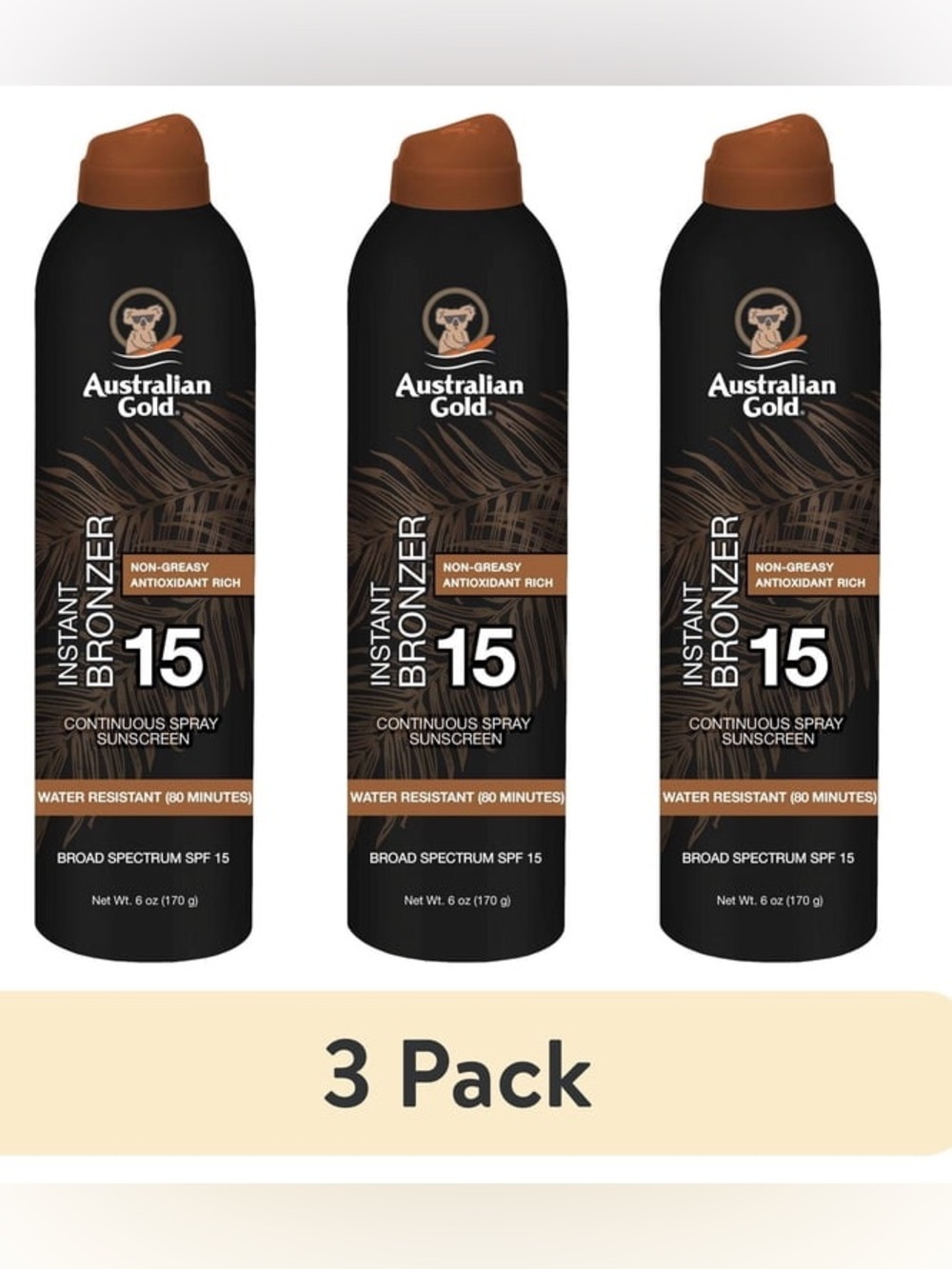 (3Pk)AUSTRALIAN GOLD INSTANT BRONZER-SPF 15-Continuous Spray Sunscreen-Exp.8/28